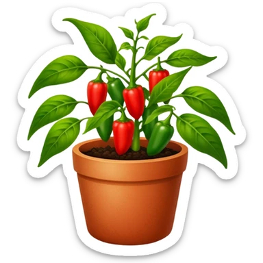 Potted green pepper plant with small red peppers growing on it sticker