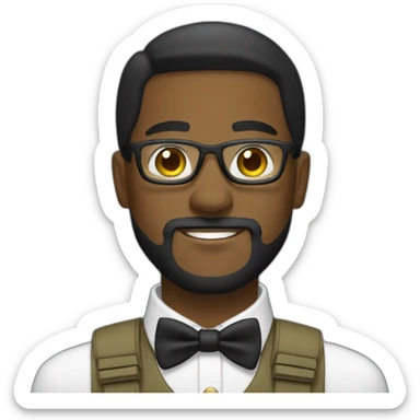 black soldier with beard, part in black hair, white collared shirt, bow tie, gold glasses, bulletproof vest  sticker