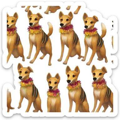  brindle brown black maroon striped lurcher Alsatian fox running blue eyes and iridescent holographic oilslick harness wearing paper iridescent tropical flower crown yellow caution tape sticker