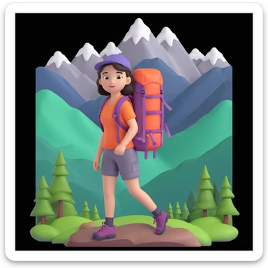 portrait of girl back packing mountains in background, close up pose sticker