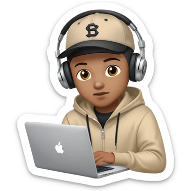 rapper developer with hoodie, baseball cap, headphones and laptop coding sticker