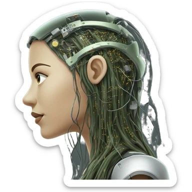 Olive green long hair female cyborg head with circuits sticker