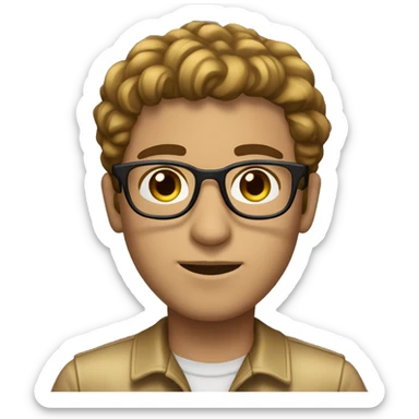 Heitor with Glasses, Light Skin, Brown Hair, Gold Clothes, Straight Hair, Brown eyes, Black Borders glasses, Transparent Lenses for Glasses. sticker