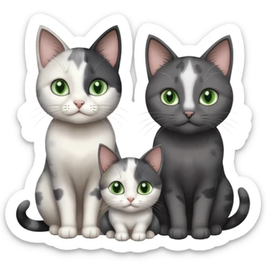 3 different coloured small cats including a dark grey and white, and a patchy calico and a completely solid dark grey with green eyes and only white paws sticker