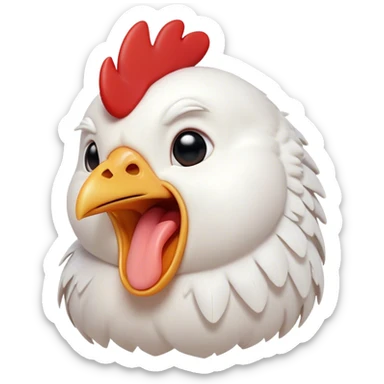 Cinematic Cute Yawning White Chicken Portrait Emoji, Head tilted slightly with a dramatic, wide-open yawn, showcasing a soft, fluffy white plumage with a crisp red comb and drooping wings, round beady eyes barely open in drowsy contentment, Simplified yet irresistibly adorable features, highly detailed, glowing with a soft, cozy glow, high shine, relaxed yet expressive, stylized with a touch of whimsy, bright and endearing, soft glowing outline, capturing the essence of a sleepy yet affectionate chicken, so drowsy it feels like it could stretch out of the screen and curl up for a nap! sticker