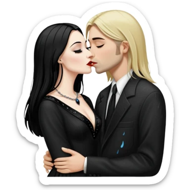 Realistic morticia addams kissing sweetly Kurt Cobain in the rain. sticker