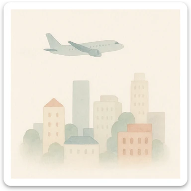 soft watercolor illustration in a minimalist modern style of a plane flying over a city with buildings below, pastel colors, delicate linework, gentle whimsical mood, minimal soft shading sticker