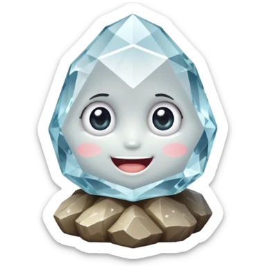 A single cute crystal rock character inspired by a clear quartz cluster, chunky round base with many tall transparent crystal spikes growing upward all around it, faceted and slightly imperfect, on the front of the base a big kawaii face with large glossy eyes and a wide happy smile sticker