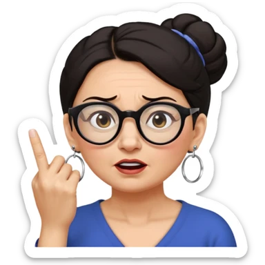 middle aged woman with dark hair pulled up in a high bun, wearing round ring earrings and glasses blocking her ears with her index finger, with a very painful expression on her face  because she cannot stand hearing a terrible singer who is too loud and out of tune.   sticker