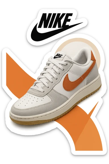 stylish poster for Nike's latest shoes, showcasing shoes and Nike swoosh logo, minimalistic and clean design, white background, accent colors sticker