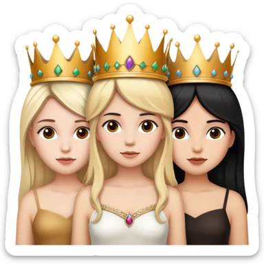 3 girls with crowns. One with blonde hair. One is tan with brown hair and the other has black hair sticker