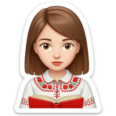 A Ukrainian girl with brown hair in an embroidered shirt reads a red book sticker