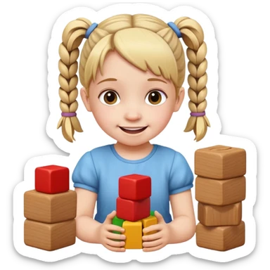 child with pigtails stacking blocks, happy expression sticker