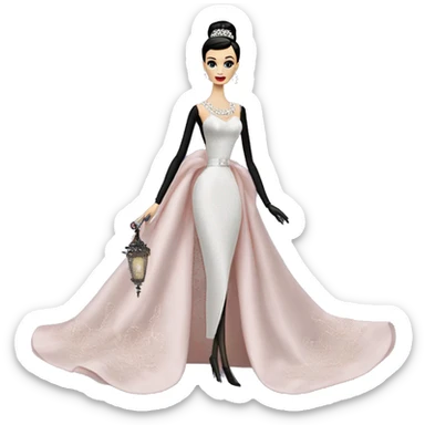 Audrey Hepburn as Sabrina Barbie.Morticia Addams. Show full body. Embroidered long gown with accessories  sticker