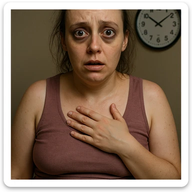 hyperrealistic 4K detailed image of a woman with PCOS and high cortisol, wide eyes with dark circles, hand on chest as if feeling rapid heartbeat, thin hair, abdominal fat accumulation, clock showing 3 AM in the background sticker