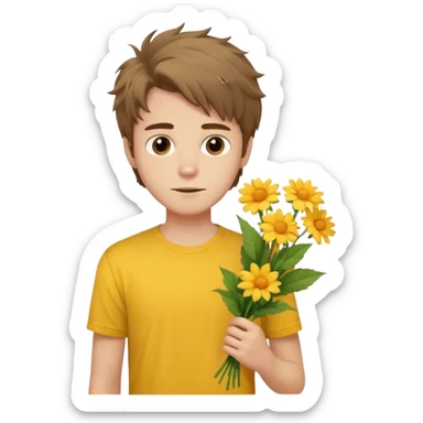 generate an ios genmoji of a 20 year old fair boy with brown long and messy hair with stubble on cheeks. should look like he cant grow a mustache., carrying a flower bouquet, wearing a yellow tshirt, looking shy sticker