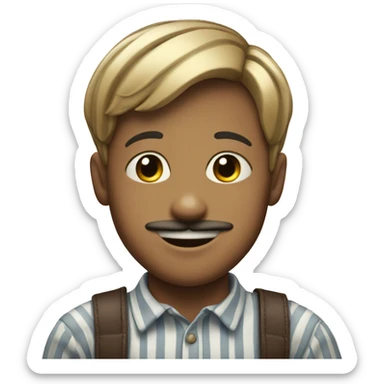 smiling boy in striped shirt with moustache sticker