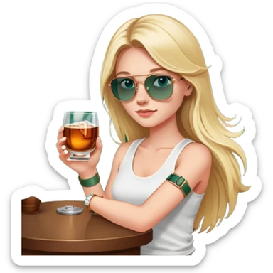 girl with long blond hair
with blue eyes
and aviator sunglasses
wearing white tank top 
holding a glass of whiskey 
wearing rose gold apple watch with forest green band  sticker
