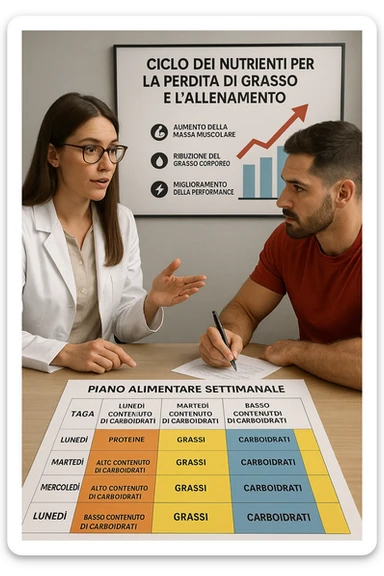 a nutritionist explains to an athlete how to cycle macronutrients for fat loss and training. On the desk, a weekly meal planner shows alternating high-carb and low-carb days, with color-coded sections for proteine, grassi, and carbo. The athlete takes notes, and a chart in the background illustrates the benefits of nutrient cycling. The mood is professional and educational. scritto in italiano sticker