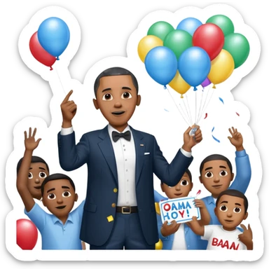 Diddy holding baby oil at a party with balloons and confetti and banners oiled up Obama is there as well holding a sign saying Obama have dih sticker