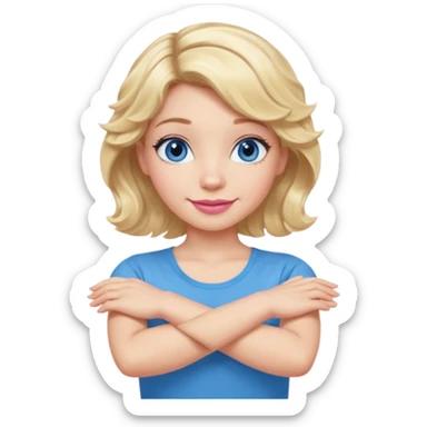 Girl Blonde short wavy hair,  blue eyes, cute blue top, long lashes, pink lips, smiling, making cross arms X with arms  sticker