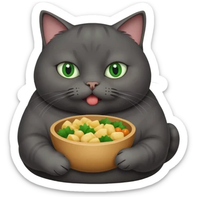 Fat dark gray cat with green eyes with food in its mouth  sticker