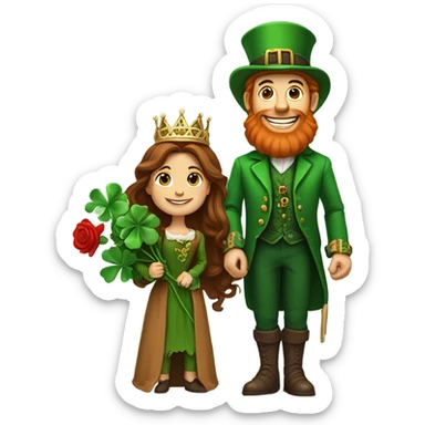A little leprechaun, giving red roses and clovers, to a very tall brown haired queen sticker