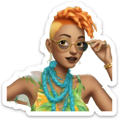 Person wearing funky tropical outfit collage with gold chain necklace and blue and ginger dyed hair sticker