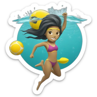 Underwater woman, swimming with fins, snorkel equipement, holding a small yellow ball, looking strong and fighting sticker