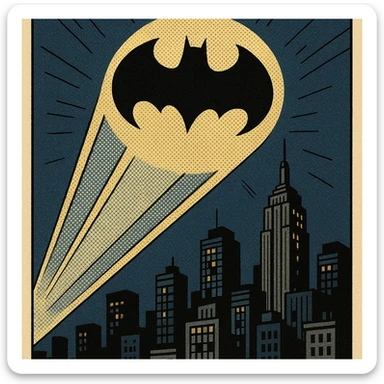 bat signal, comic book style, bold lines, city skyline sticker