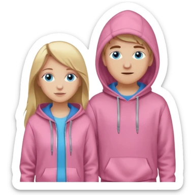 full-length couple, girl with long blonde hair and blue eyes in pink hoodie, boy with brown hair in gray hoodie sticker