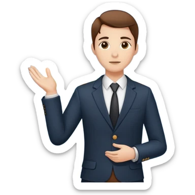 person presenting in front of a simple chart or graph, wearing a blazer and a confident posture sticker