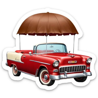 1955 Chevrolet Bel Air Convertible (Red-White color). The doors, bumper, hood and wheels are covered in sticky brown mud, which is clearly visible. Brown liquid mud is pouring out of the bucket from above. Aspect ratio: 1:1 sticker