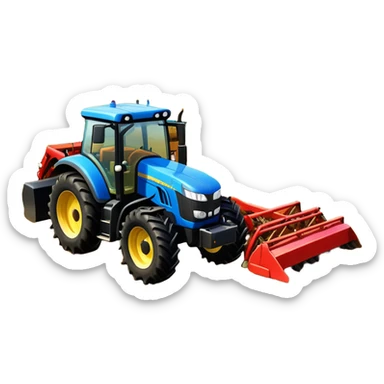 An icon representing a Farming Simulator 22, with a detailed tractor, plowing fields under a bright sky with a colorful rural landscape. The design includes farming tools, crops and barns, symbolizing the immersive experience of managing a farm. Transparent background. sticker
