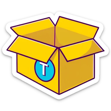 Minimalist sticker with white 'tt' letters on a black circle with cyan, magenta, and yellow dots below, shipping box with street style influence sticker