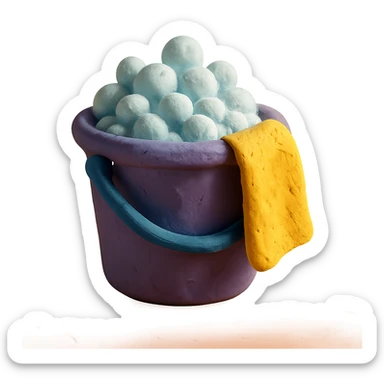 bucket with bubbles and cleaning cloth in claymation style, soft matte finish sticker