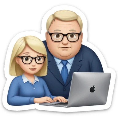 A girl helping a really fat man on the computer sticker