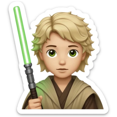 Young jedi with dark brown eyes and sandy blonde wavy short hair holding a green light saber.  sticker