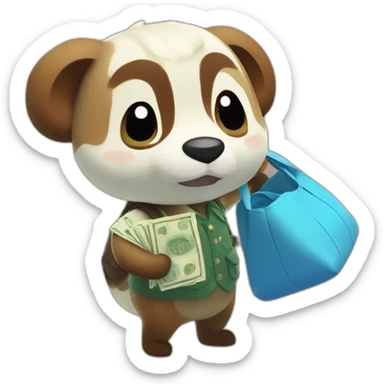 animal crossing tom nook holding a bag of money sticker