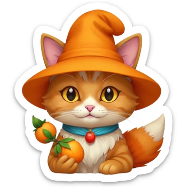 Cat wearing a hat and has a kitsune fruit in her hand sticker