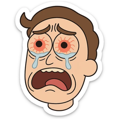 close-up of a face with exaggerated, red, teary eyes, eyebrows raised in pain, as if vinegar was dripped into the eyes, cartoon style sticker