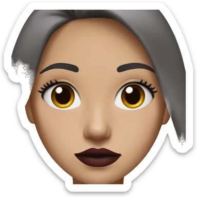 Girl with  medium brown hair, gray eyes, very light skin in black adidas sweatshirt with makeup eyelashes and dark red lipstick sticker