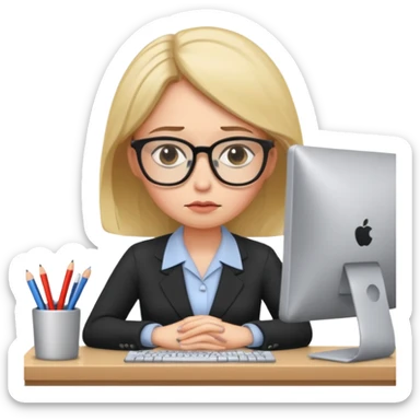 female office worker sad face on computer sticker