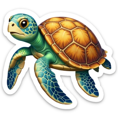 Cinematic Comical Sea Turtle Portrait Emoji, Head tilted dramatically with an exaggeratedly amused expression, featuring a boldly patterned, domed shell and wide, comically expressive eyes full of playful disbelief, Simplified yet hilariously expressive features, highly detailed, glowing with a slightly sassy oceanic glow, high shine, dramatic yet playful, stylized with an air of cheeky marine mischief, soft glowing outline, capturing the essence of a meme-worthy sea turtle that looks ready to glide its way into viral fame! sticker