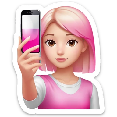 girl taking selfie, transparent glass with bright pink gradient from #FF335F to #FF99AA, highlights and reflections, minimalistic sticker