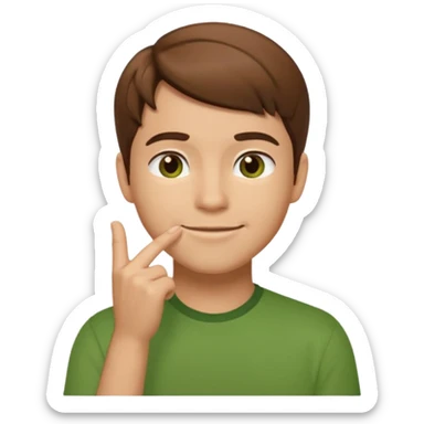 thinking emoji character of MatPat, hand on chin, brown hair, green shirt sticker