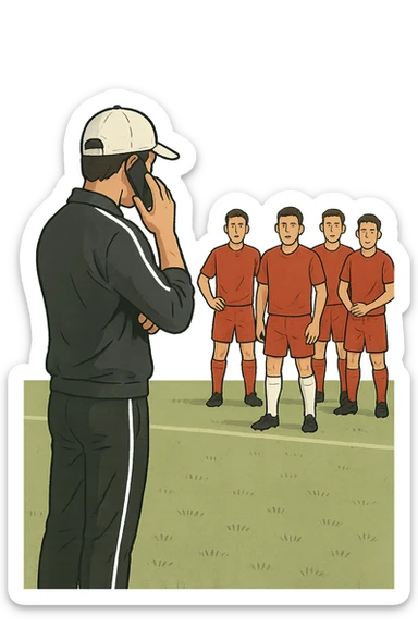 a coach is seen far away on the sidelines, partially turned away from the team or group, engaged in another activity (like reading, texting, or talking on the phone), while the athletes look toward them for support or instruction. The distance between coach and team is visually clear, symbolizing lack of presence. in italiano sticker