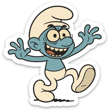 a smurf acting erratic, with dark circles under eyes and a manic grin, cartoon style sticker