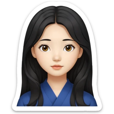 Korean girl with long black hair that is slightly wavy, with a middle part and face framing hairstyle. Asian eyes, brown colored eyes sticker
