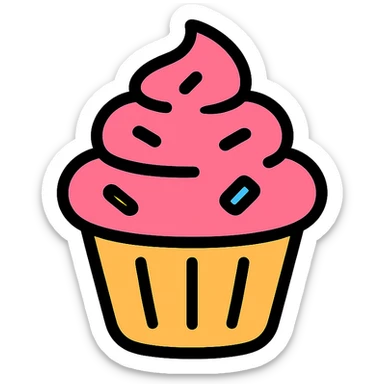 cupcake with swirled frosting and sprinkles, icon style sticker